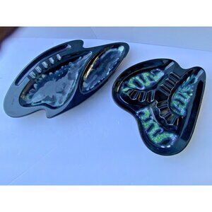 2 VTG HAEGER BLACK/GREEN  mottled ASHTRAY 611/R1663 USA boomerang MCM POTTERY